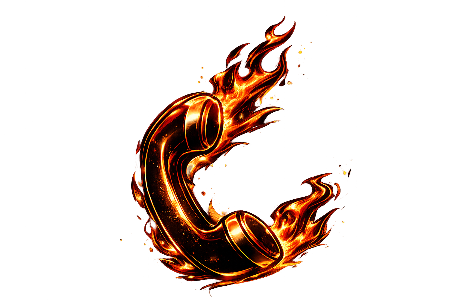 A stylized letter 'C' designed as a glowing, metallic pipe with flames coming out of it, giving a fiery appearance.