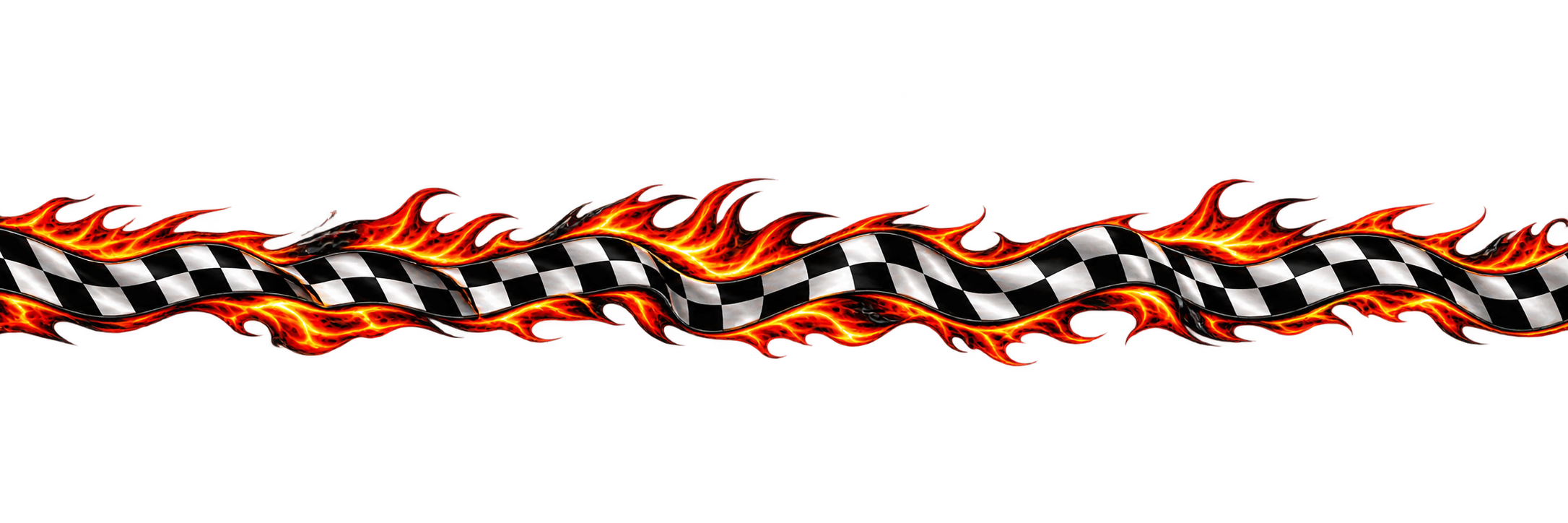 A racing checkered flag with flames along its edges.