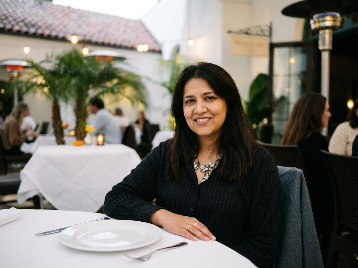A woman with dark hair and a necklace smiling at a restaurant table with a white tablecloth, plate, and cutlery, with other diners and decorative palm trees in the background.