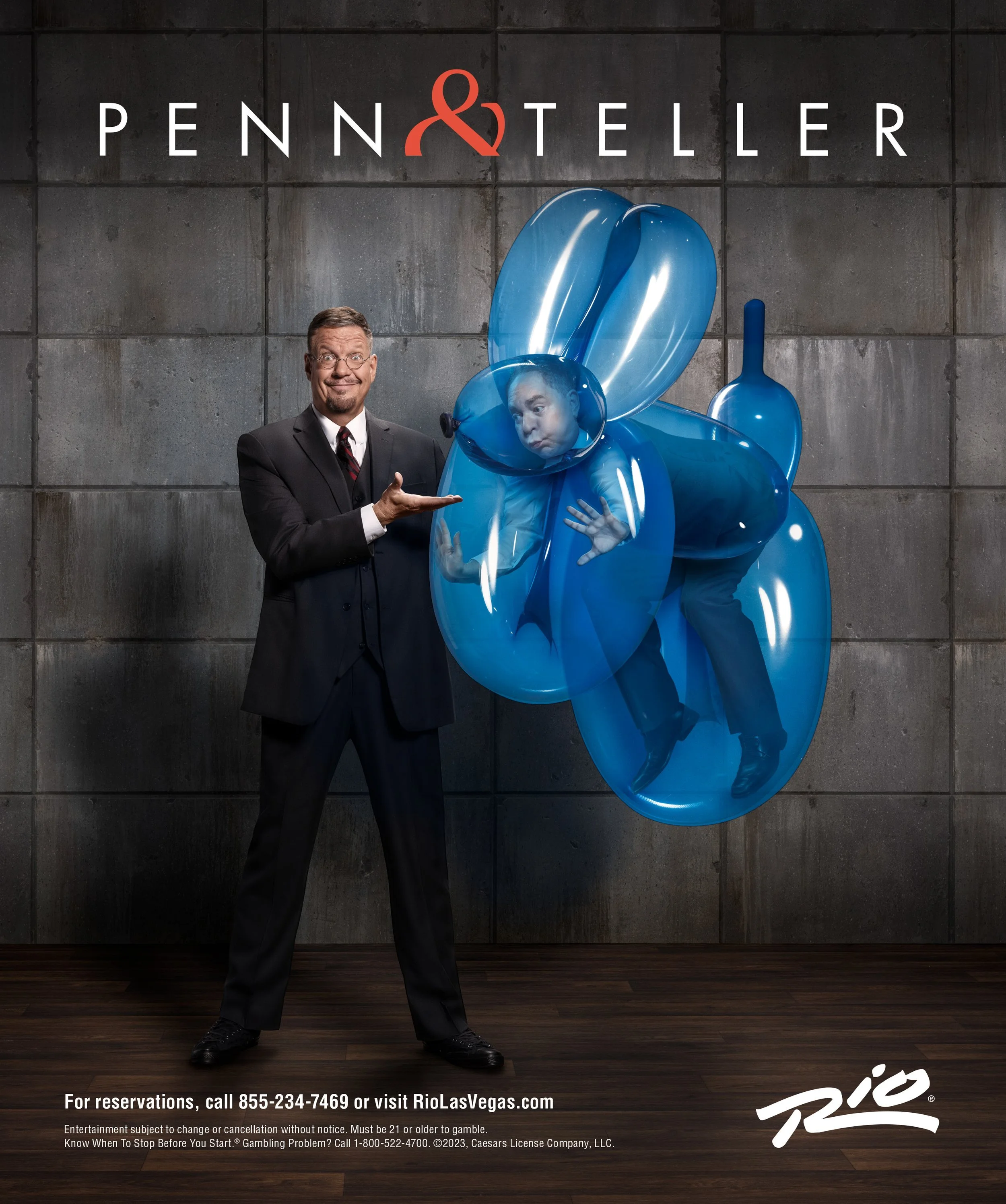 Advertising photography for Penn & Teller, shot by Las Vegas photographer Michael Rudin. Entertainment campaign imagery for the legendary Las Vegas duo.