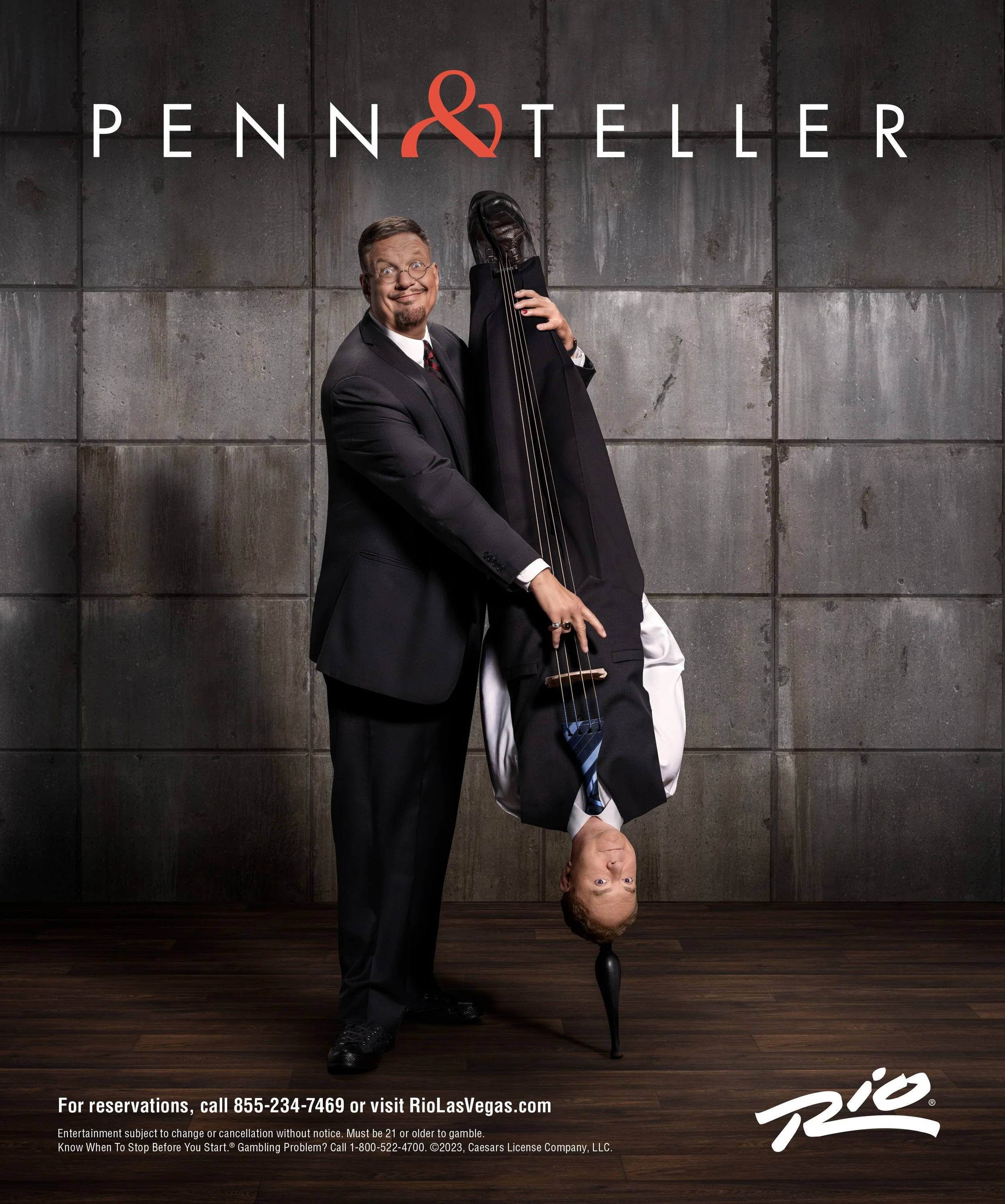 Advertising photography for Penn & Teller, shot by Las Vegas photographer Michael Rudin. Entertainment campaign imagery for the legendary Las Vegas duo.