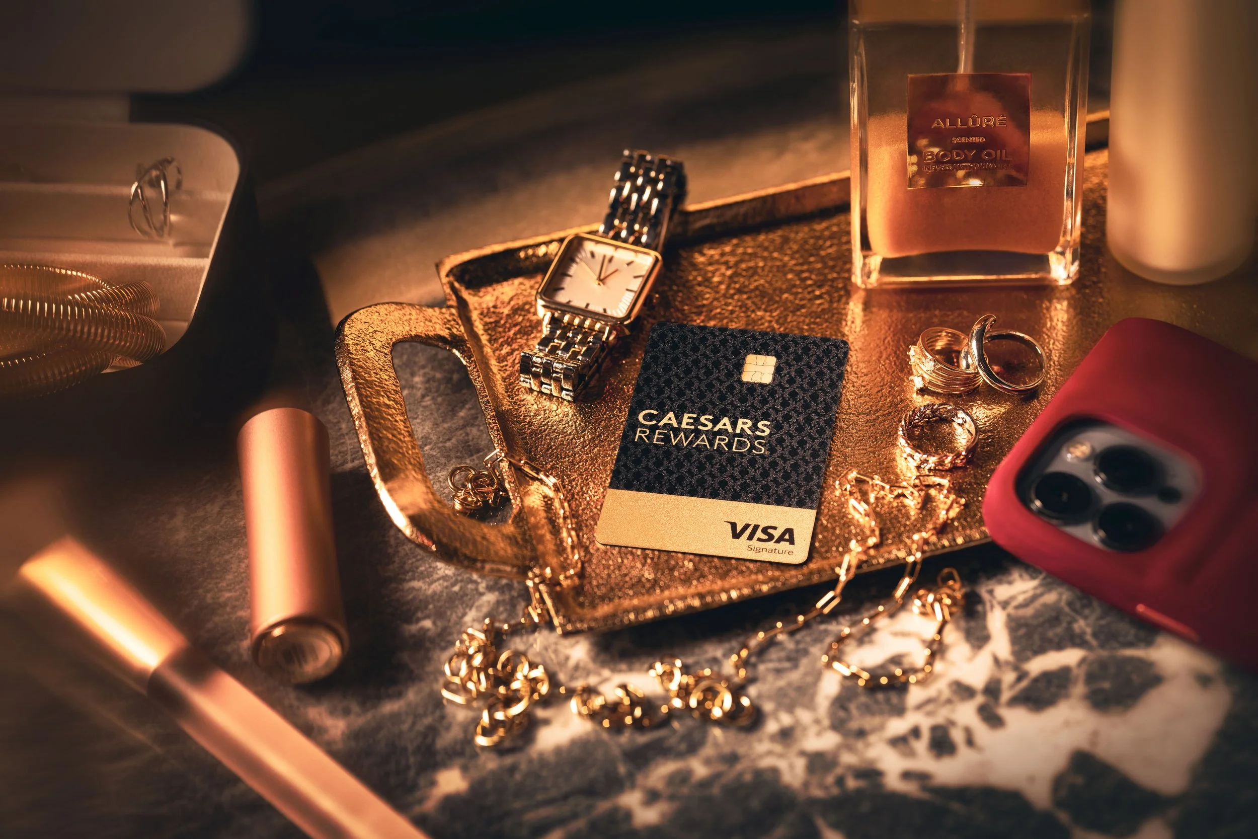 Caesars Rewards Visa card among jewelry on vanity