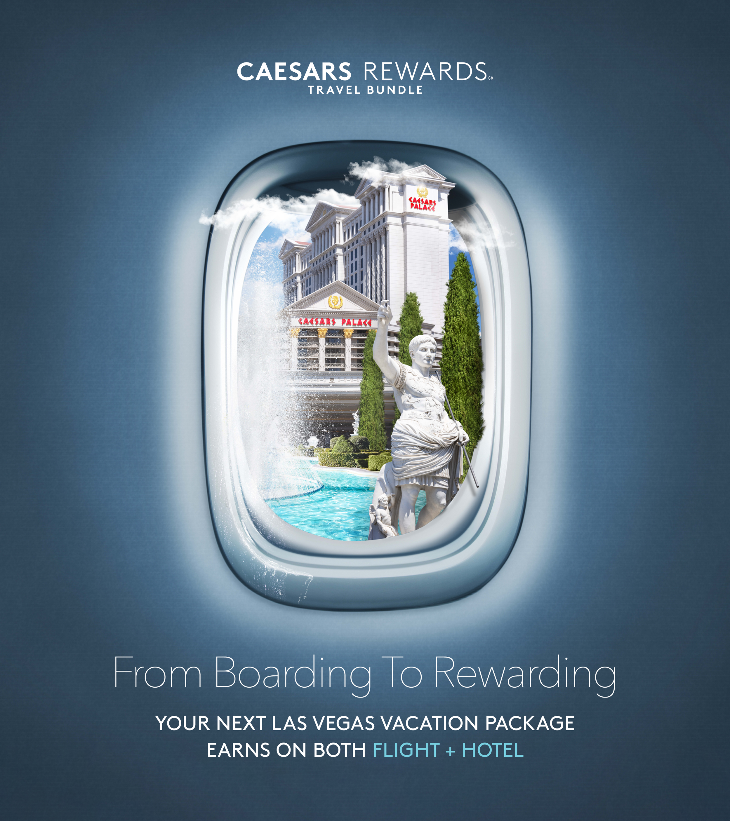 Airplane window view of Caesars Palace facade and fountain statue