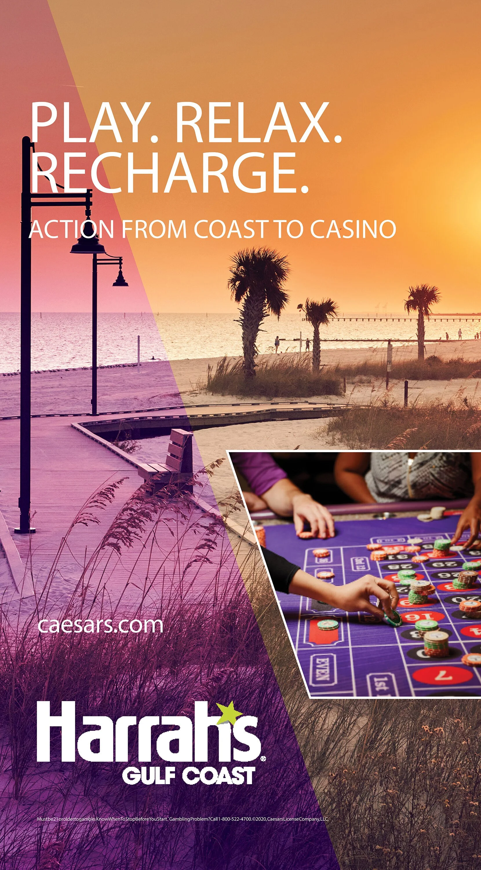 Roulette table with chips and beach pier composite, Harrah's Gulf Coast