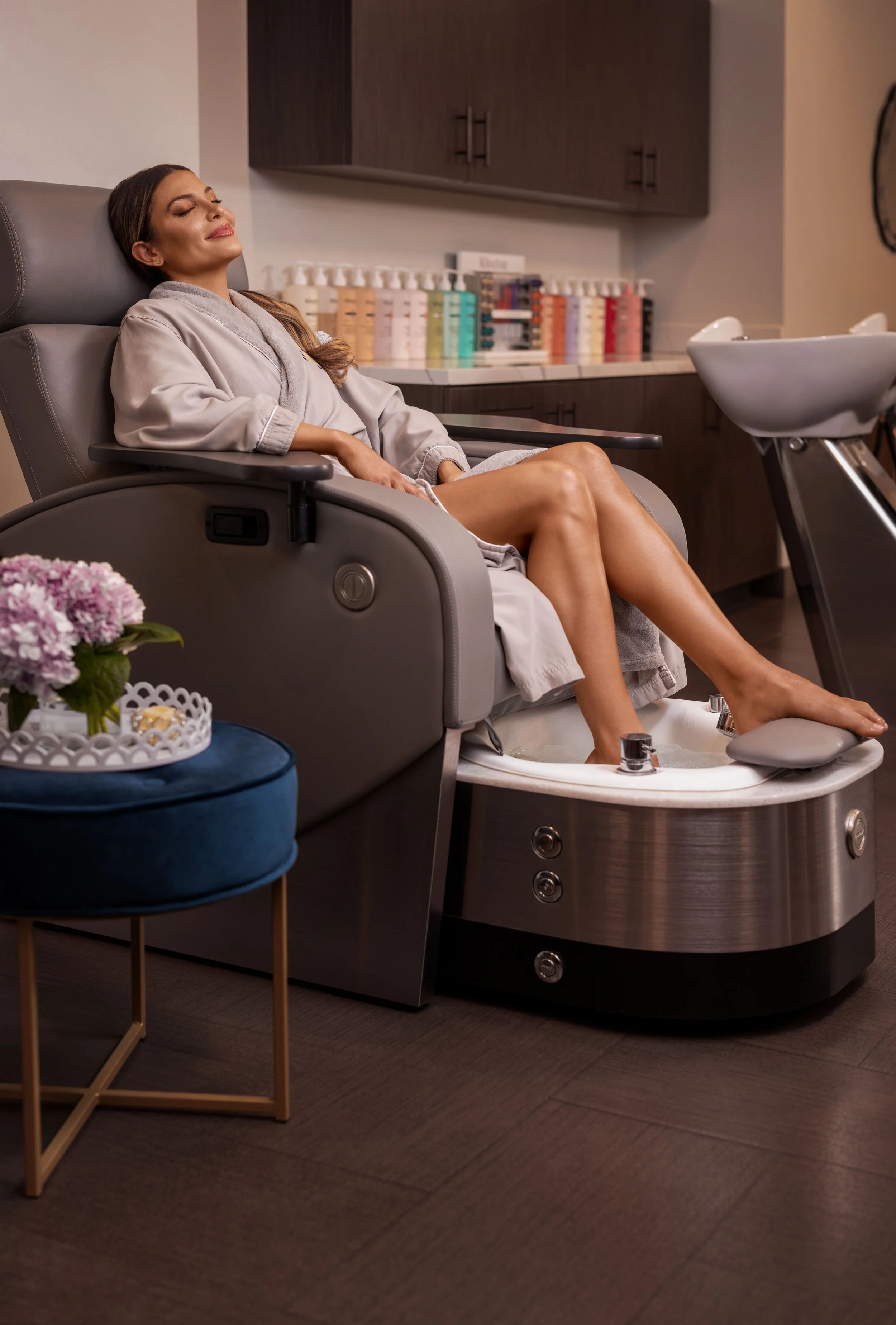 Woman relaxing in a pedicure chair at Voie Spa & Salon, Paris Las Vegas, photographed by Michael Rudin