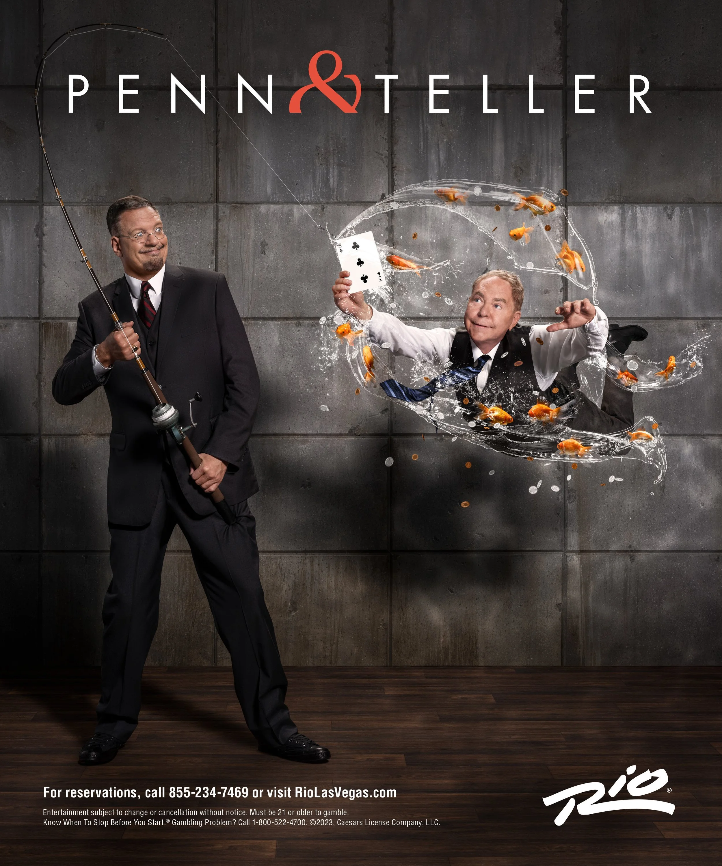 Advertising photography for Penn & Teller, shot by Las Vegas photographer Michael Rudin. Entertainment campaign imagery for the legendary Las Vegas duo.