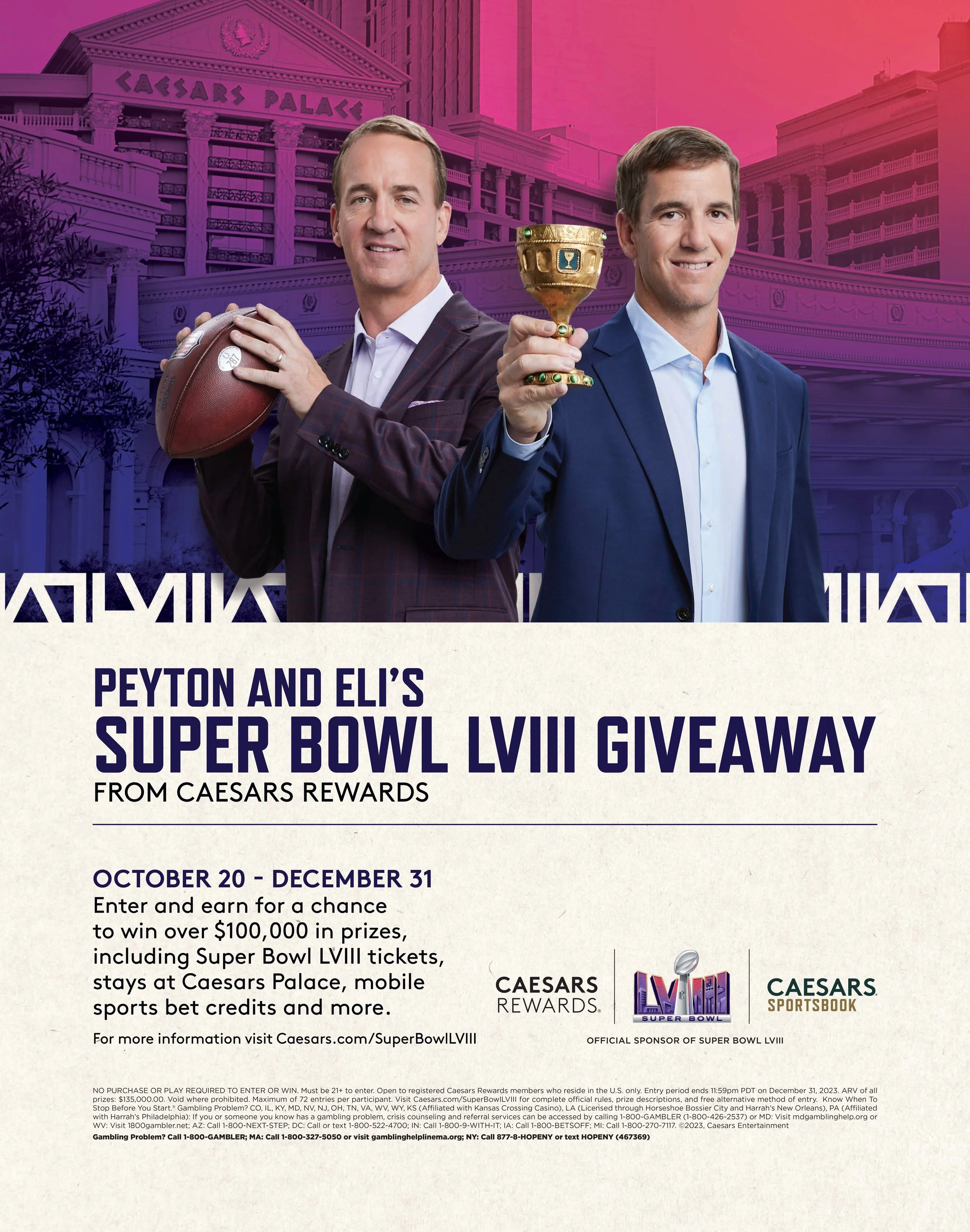 Peyton and Eli Manning holding football and trophy, Caesars Palace backdrop