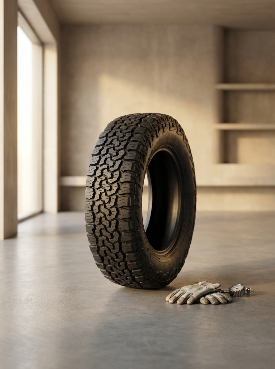 A car tire standing upright on a light-colored floor with a pair of work gloves and a tire pressure gauge beside it in a room with natural light, beige walls, and open shelving.