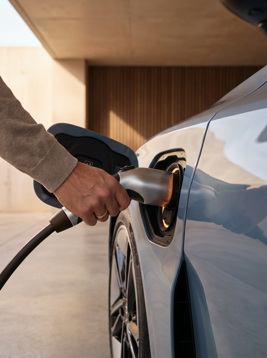 Person plugging an electric vehicle into a charging station.
