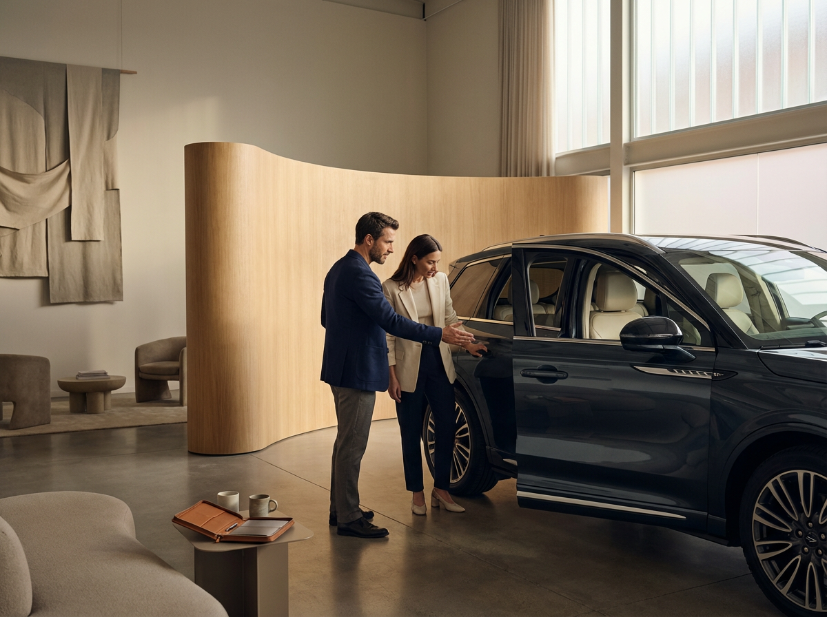 A man and woman looking at a black luxury SUV in a modern showroom with large windows.
