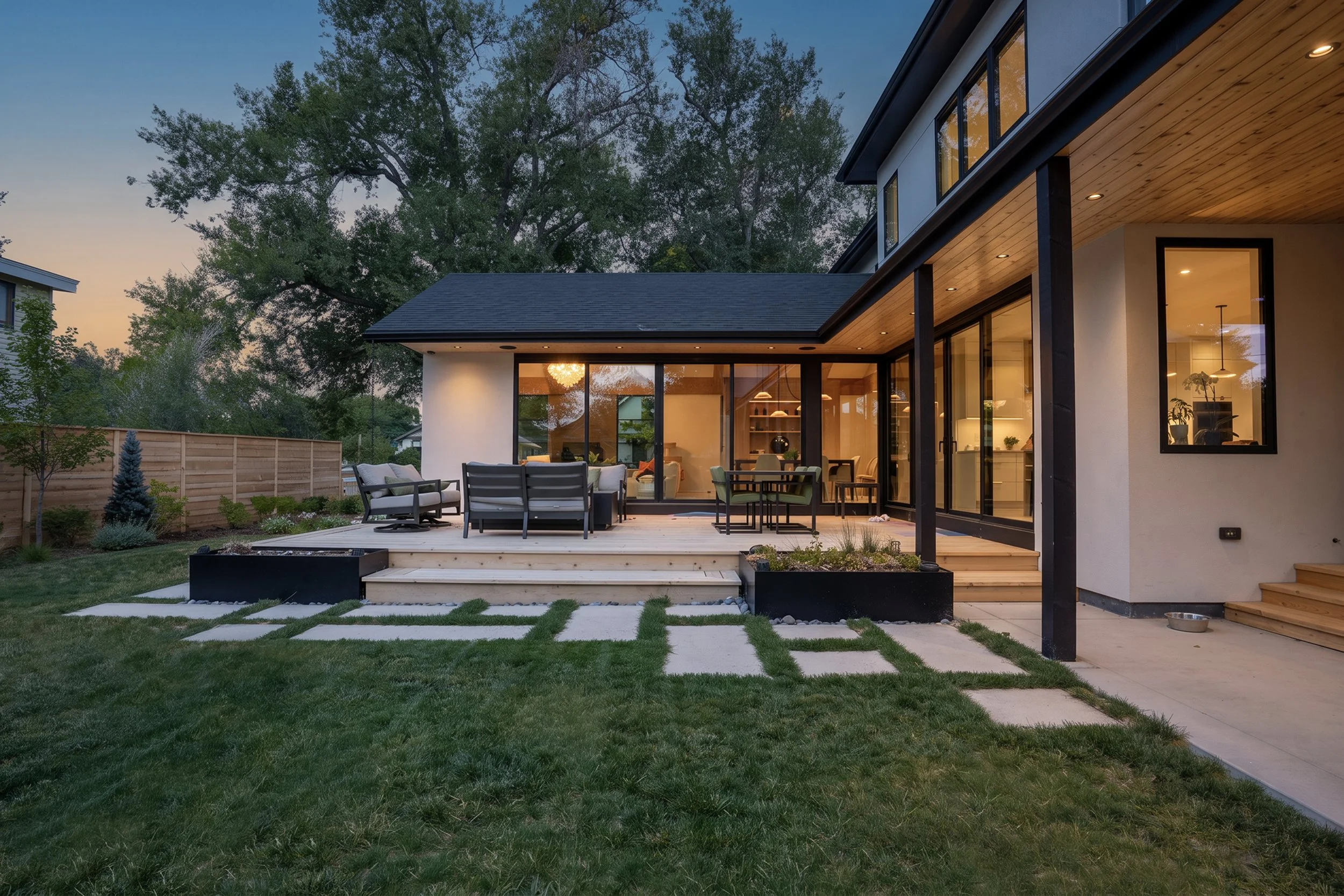 Modern house with large glass windows and a backyard patio featuring outdoor seating and a wooden deck, surrounded by green grass and trees, during early evening with warm interior lighting visible through the windows.