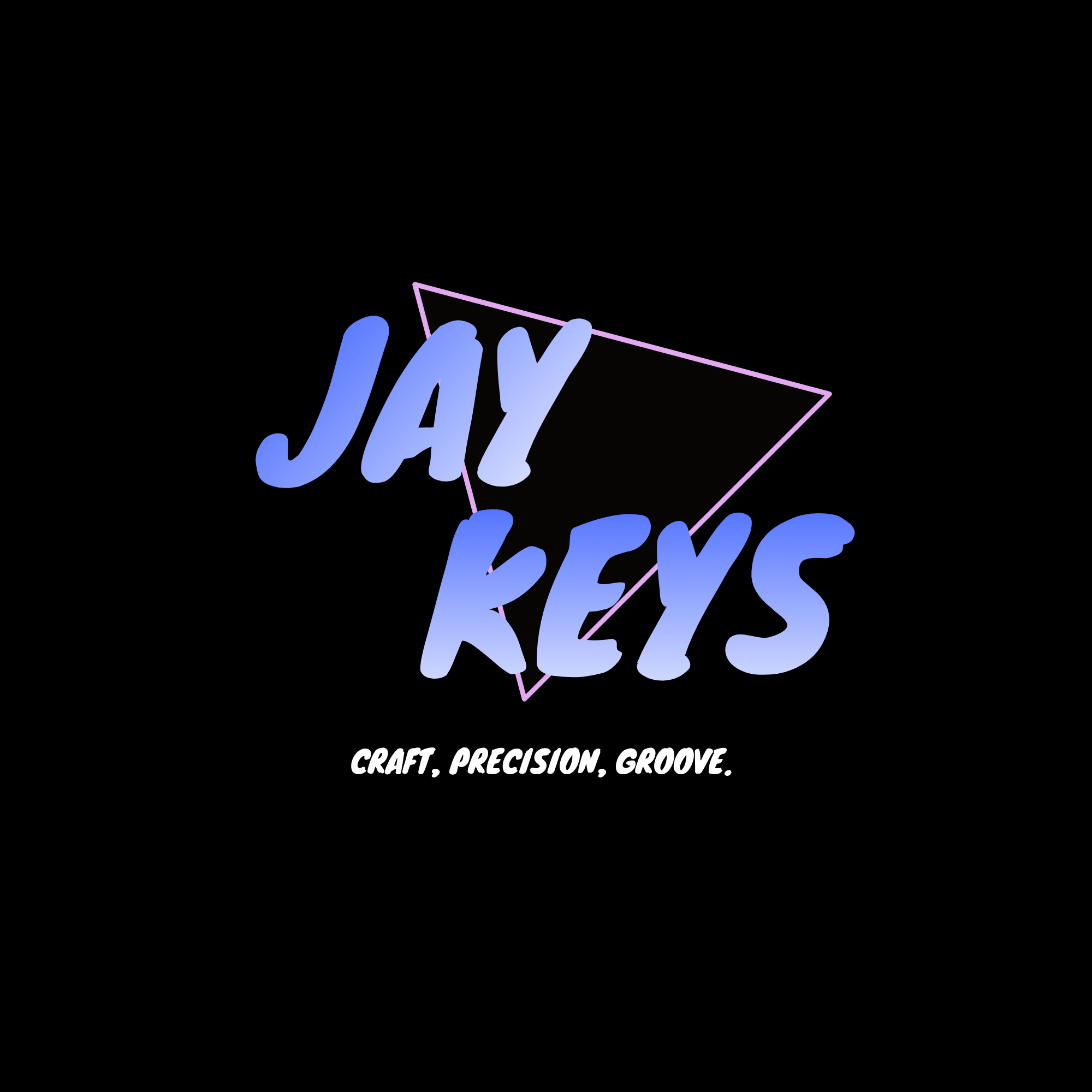 Neon sign reading 'JAY KEYS' with color gradient, surrounded by pink geometric lines, and the text 'CRAFT, PRECISION, GROOVE.' at the bottom.