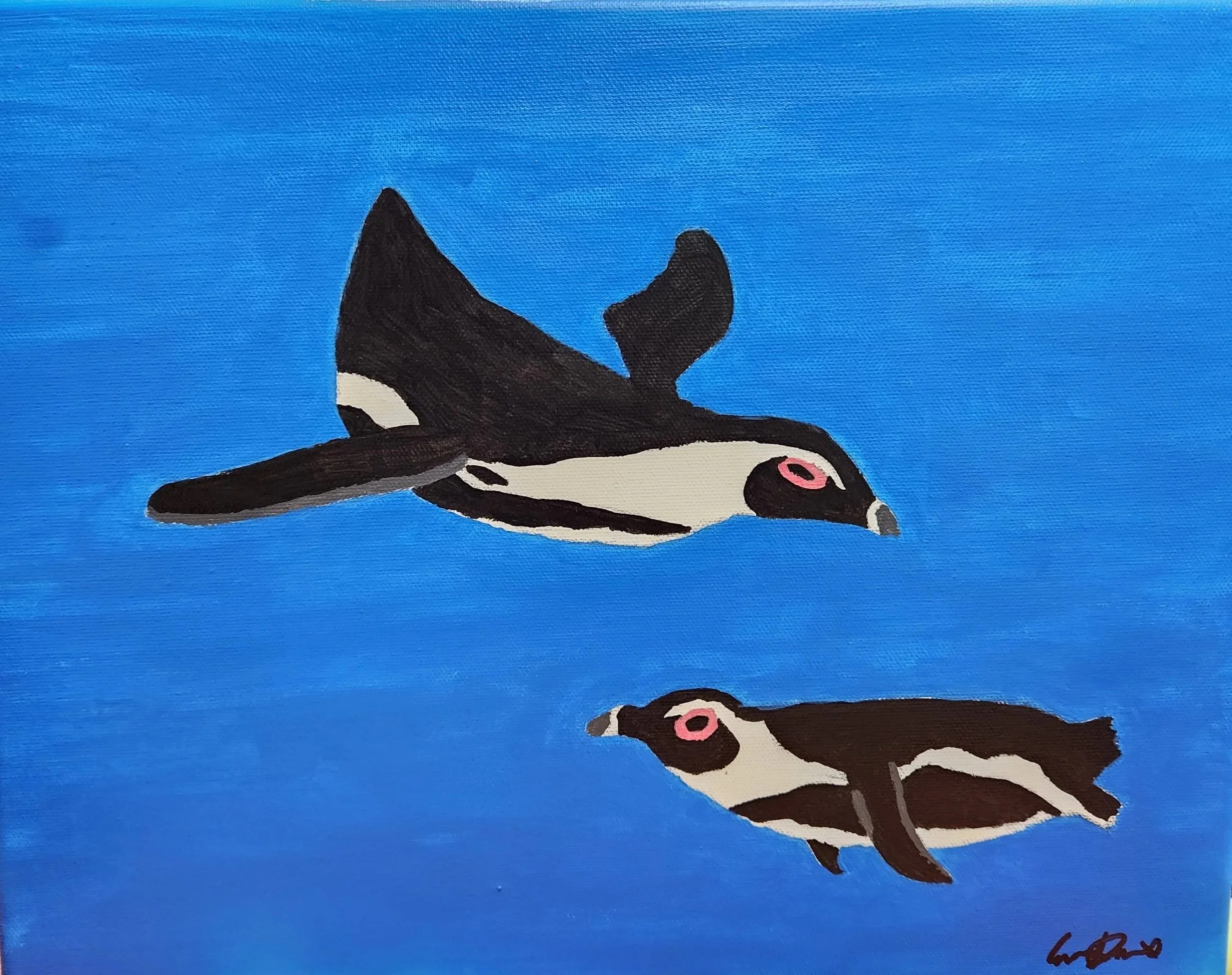 Painting of two black and white penguins swimming against a bright blue background.