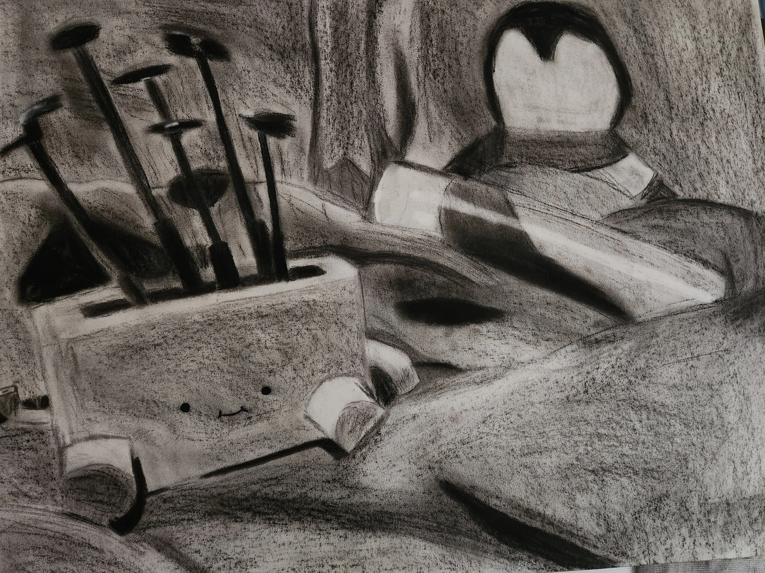 A grayscale drawing of a person's desk encased by a fabric sheet.