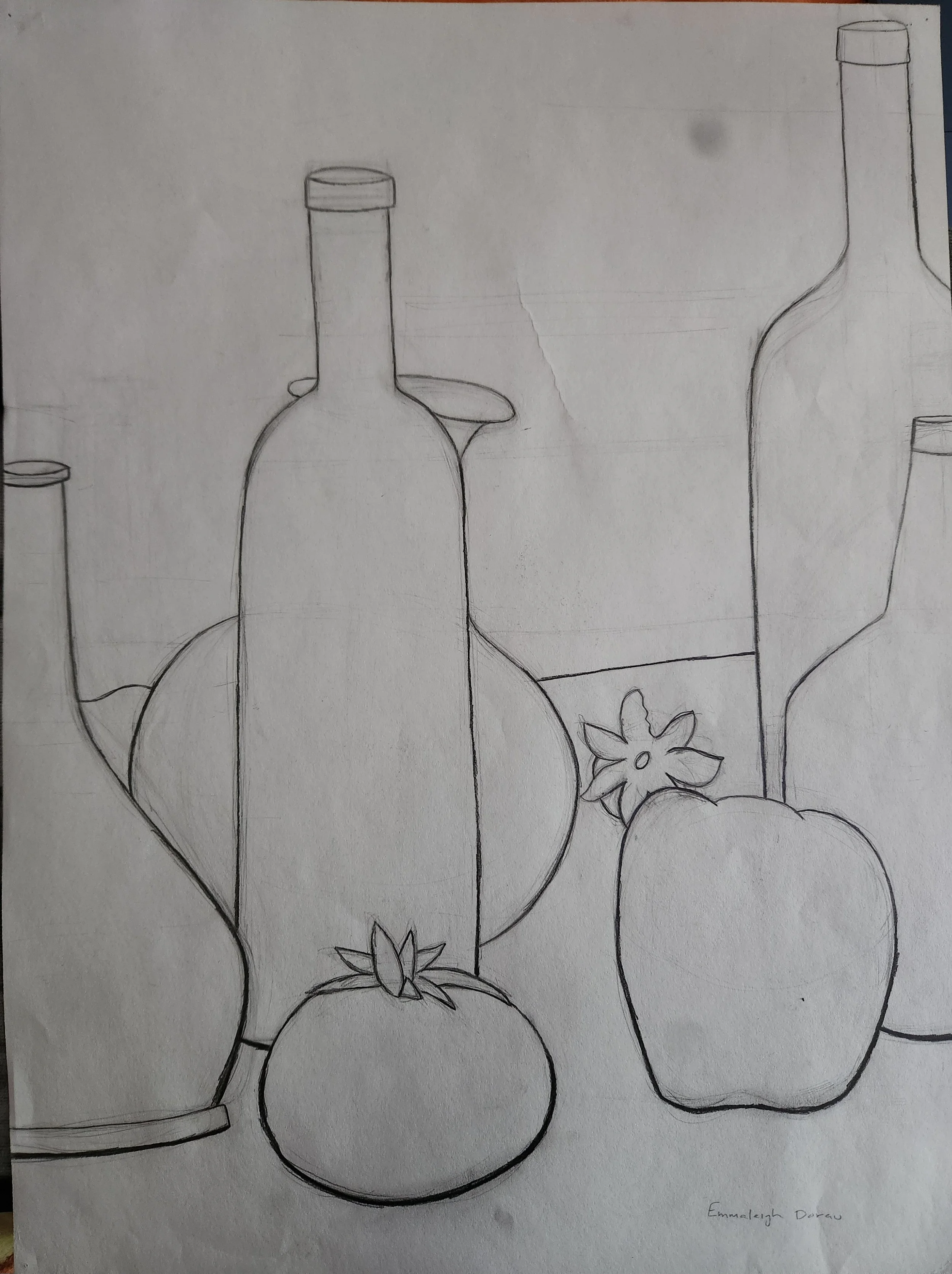 A pencil sketch of various glass bottles and fruits with flowers, including a large round bottle, a tall slender bottle, and a smaller rounded bottle, accompanied by flowers and foliage.