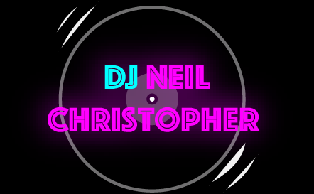 Text saying 'DJ Neil Christopher' in bright neon colors on a black background with a record graphic.