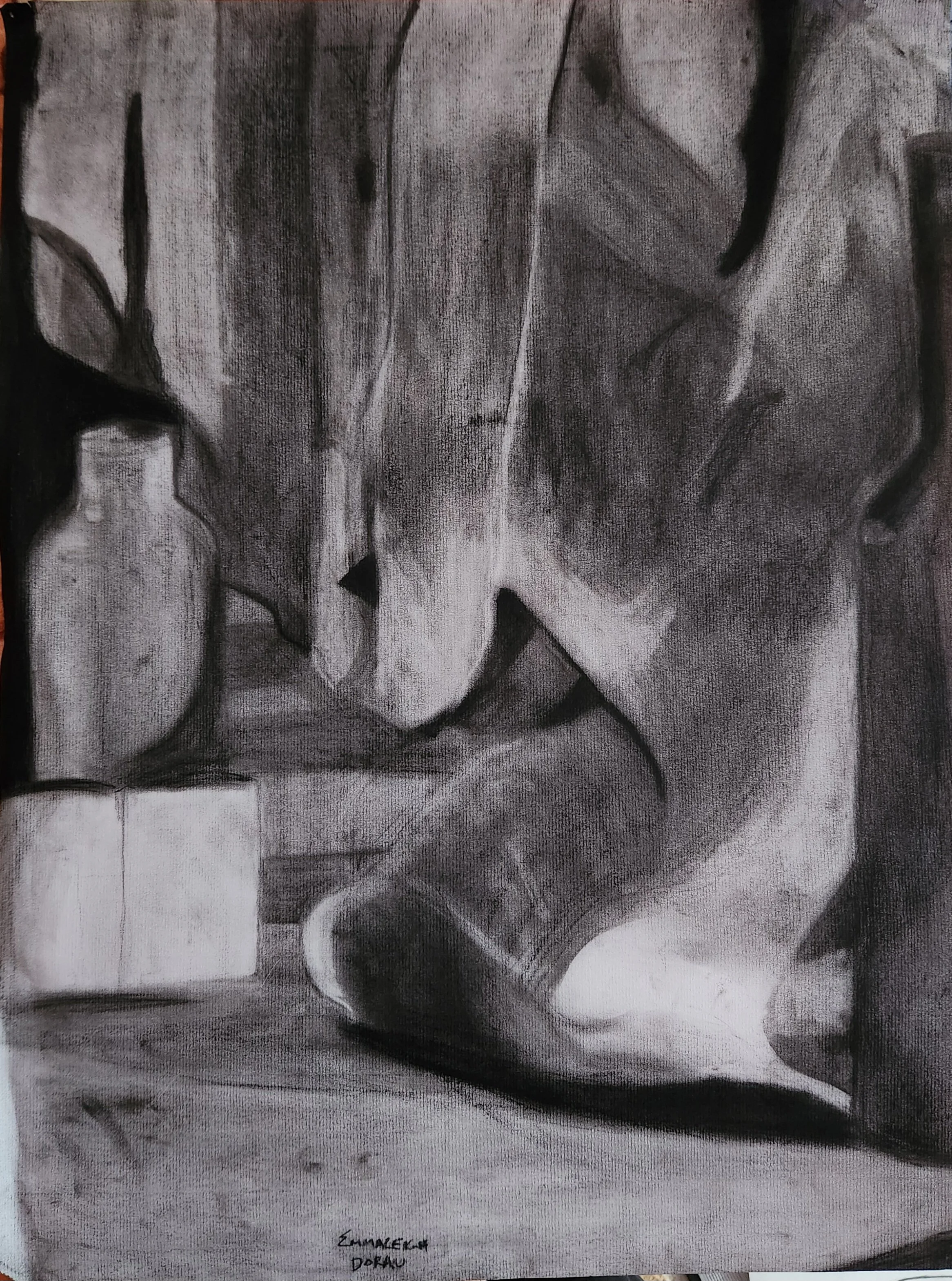 A black and white drawing of bottles and boxes with fabric in the background.