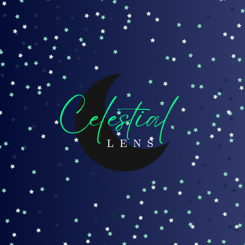 Dark blue background with white and green stars and a black crescent moon, with the text "Celestial Lens" in green and white.