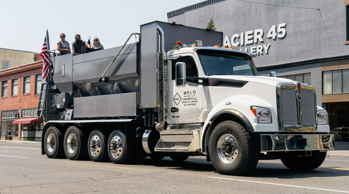 A concrete mixer truck is driving down Main Street in Downtown Baker City, Oregon, with three people standing on top of the mixer, holding flags. There is a building in the background with the words 'ACIER 45' visible.