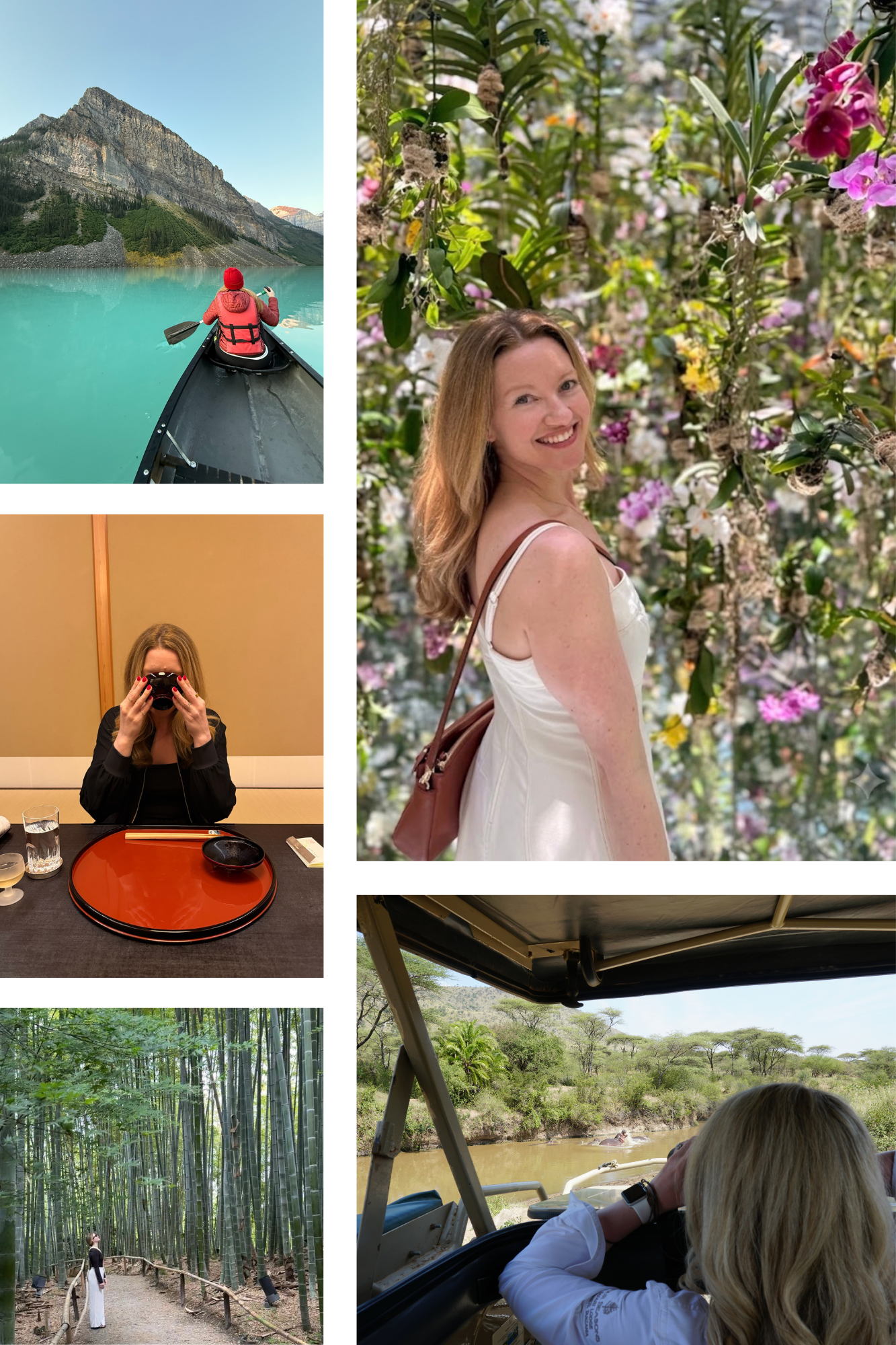 A women rowing a boat, drinking out of a cup, standing in front of flowers smiling, looking up at tall trees and seen from behind looking at hippos in a river