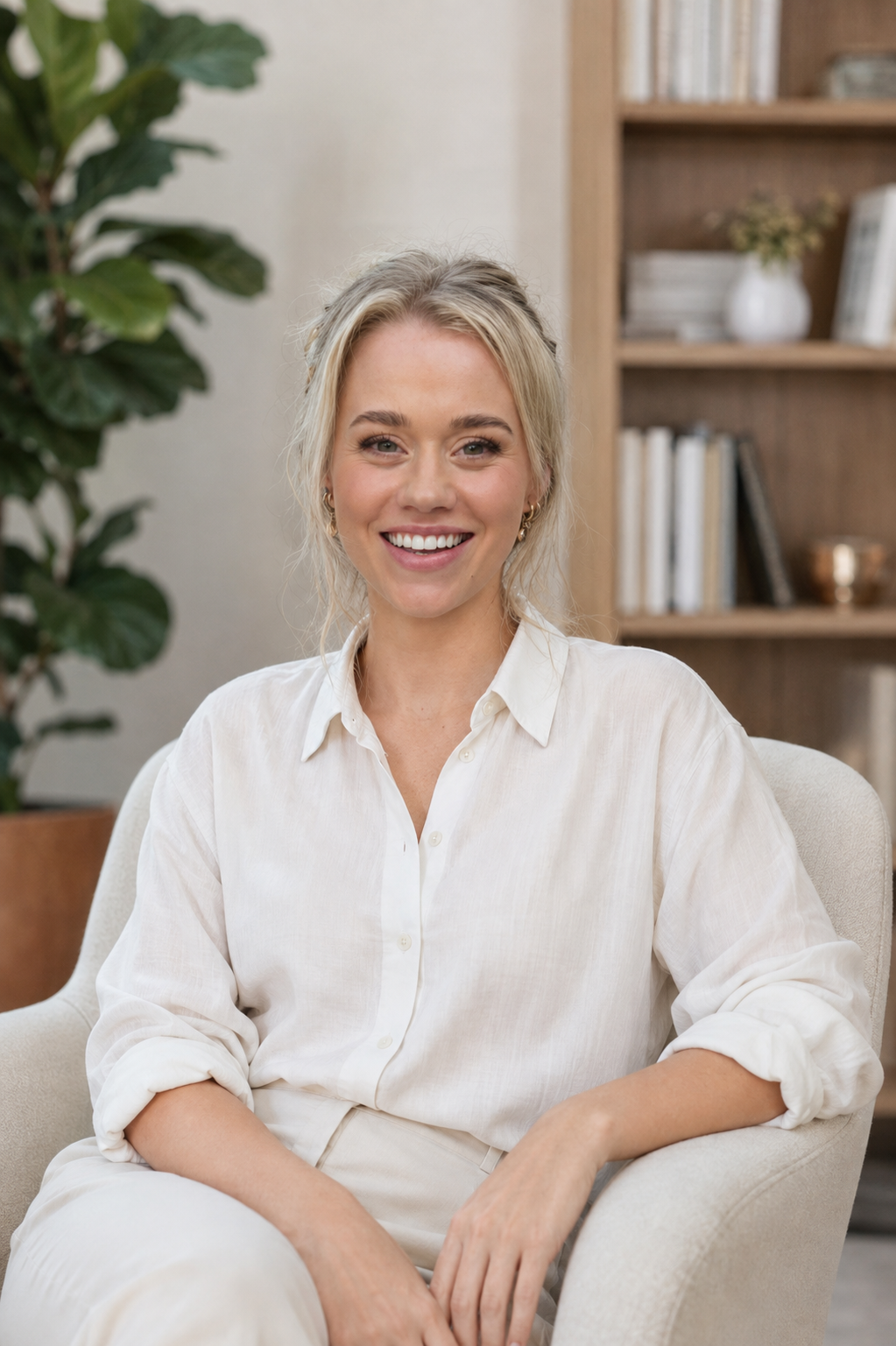 Caitlin Duffy, Psychologist at Grounded Psychology Studio, sitting in the therapy room.