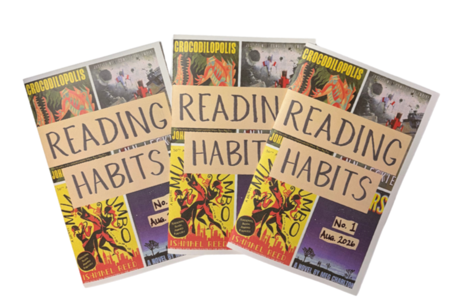 Three copies of the zine titled 'Reading Habits' by Arianna Rebolini with colorful cover art, stacked and fanned out.