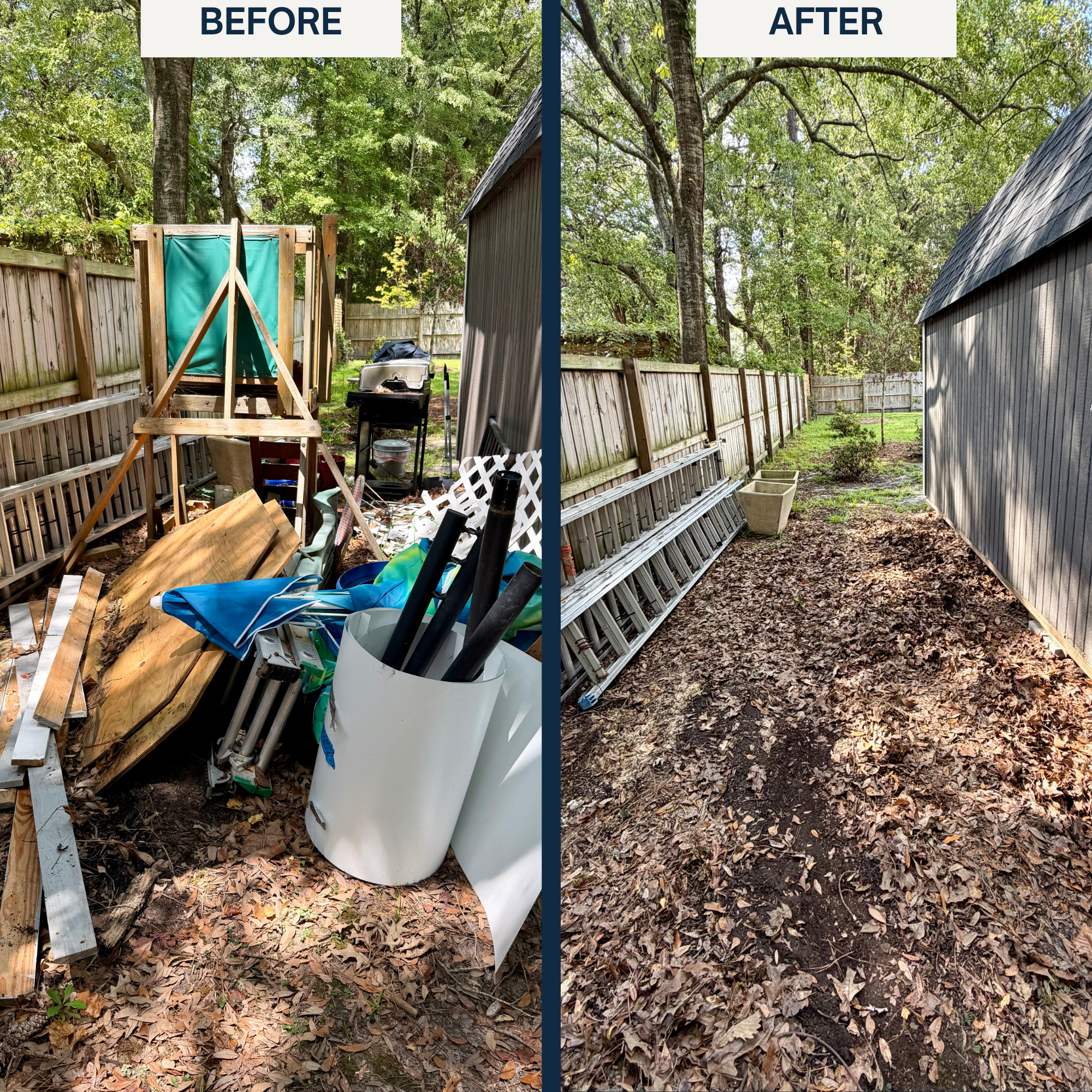 Removal of years of accumulated household items behind shed of homeowner in Summerville, SC.