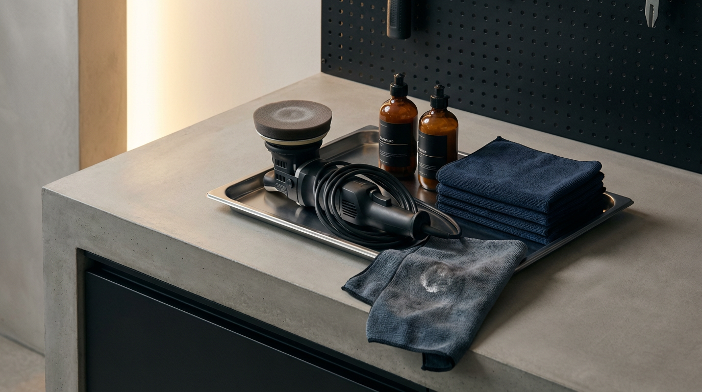 Massage therapy tools on a metal tray, including a massage gun, two brown bottles with pumps, neatly folded dark blue towels, and a damp cloth, set on a concrete counter with a black pegboard in the background.