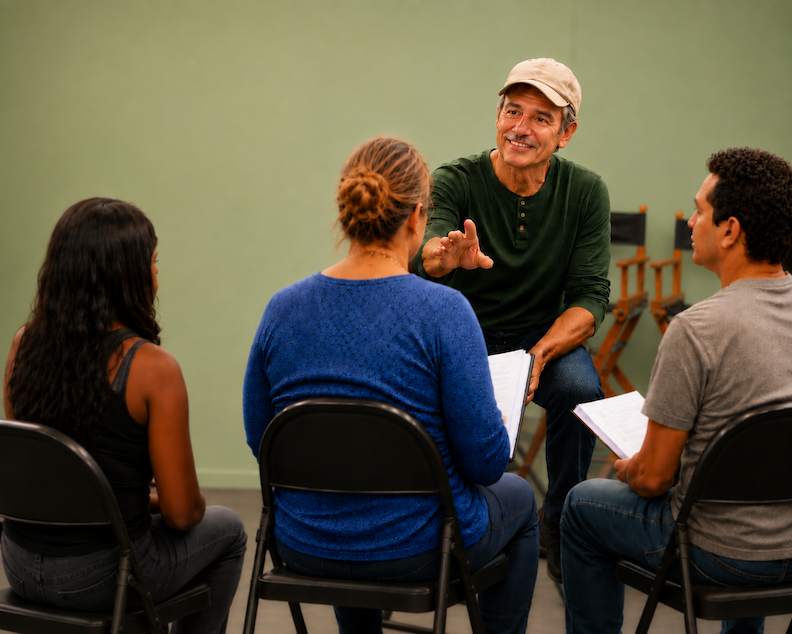 An acting coach giving direction to a diverse group of four actors during a rehearsal or acting class.