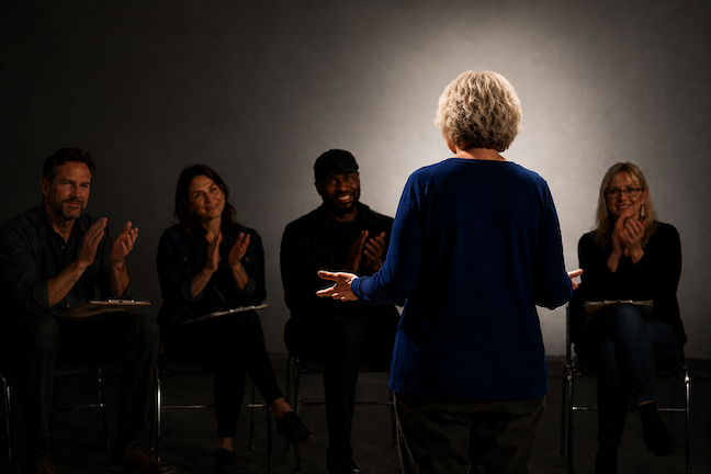 A female acting class student performs for other students who are applauding her.