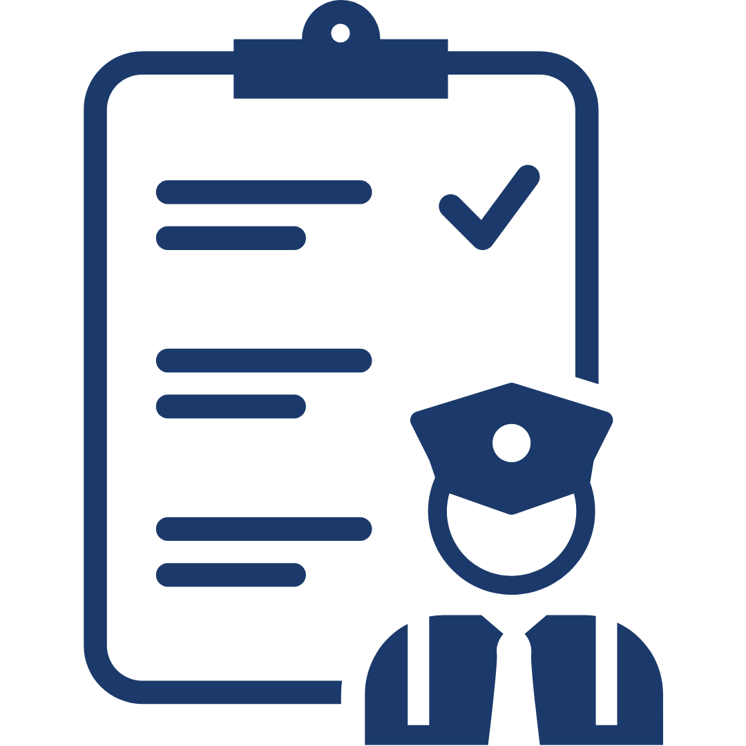 Icon of a diploma or certificate with a white hat, along with a person wearing a graduation cap and gown.