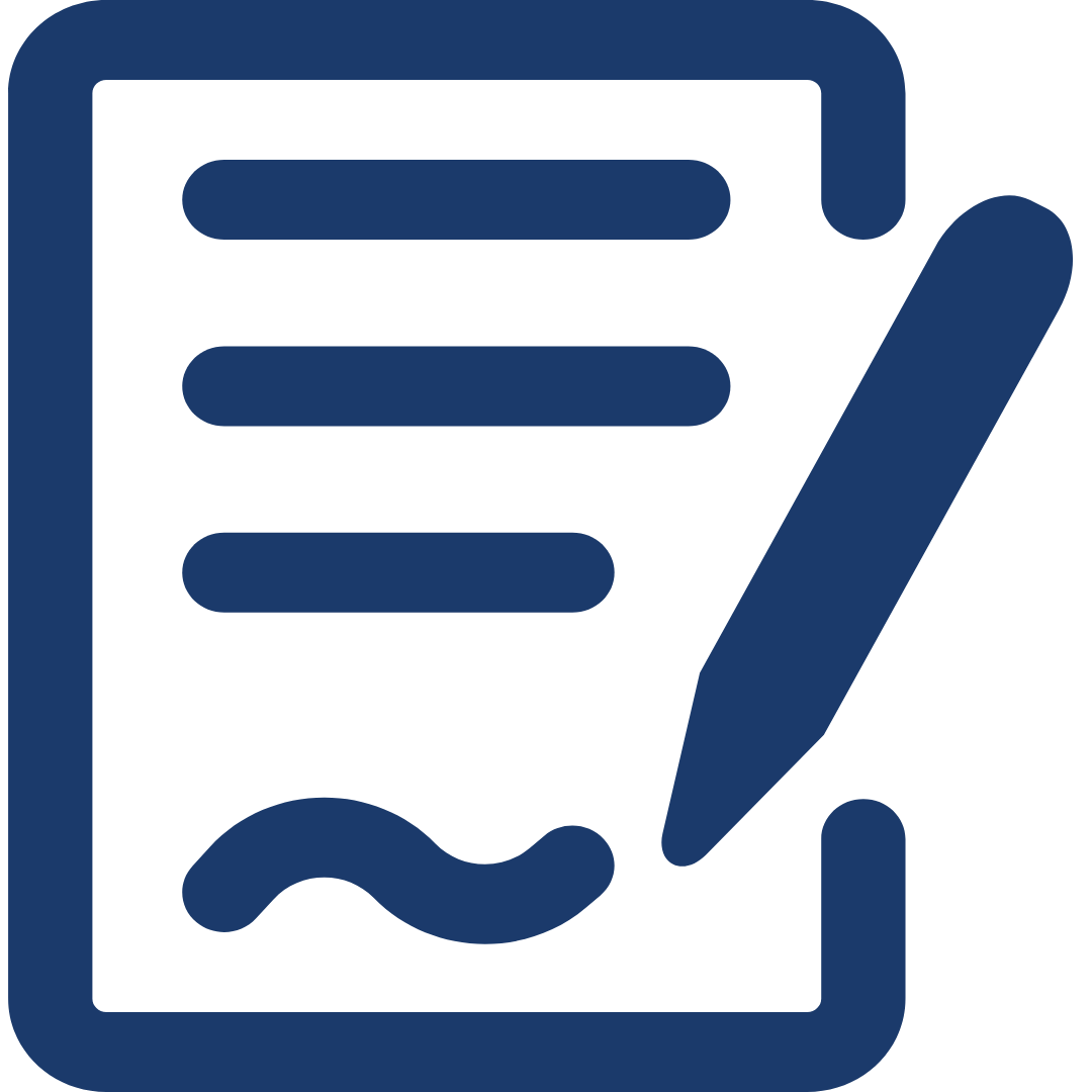 Icon of a clipboard with a piece of paper, a pen, and lines representing text or writing.