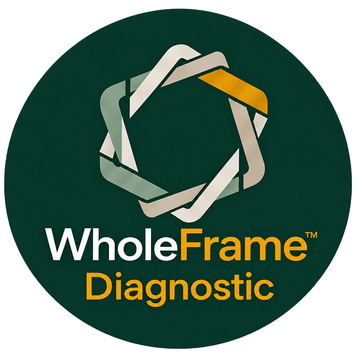 WholeFrame Diagnostic logo with a green circular background, a stylized hexagon in the center made of interlocking silver, gray, and yellow shapes, and the text 'WholeFrame Diagnostic' with 'Whole' in white, 'Frame' in orange, and 'Diagnostic' in orange.