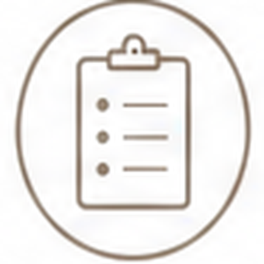 Icon of a clipboard with a checklist inside an oval outline.