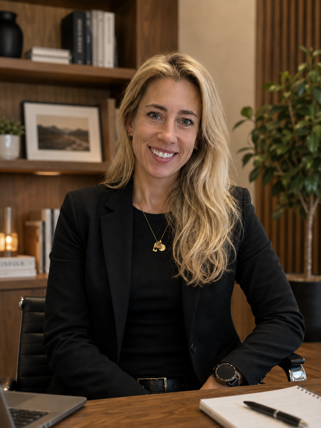 A woman with long blonde hair, wearing a black blazer and a necklace, sitting at a wooden desk in an office with a bookshelf, a framed picture of a landscape, a green plant, and a laptop.