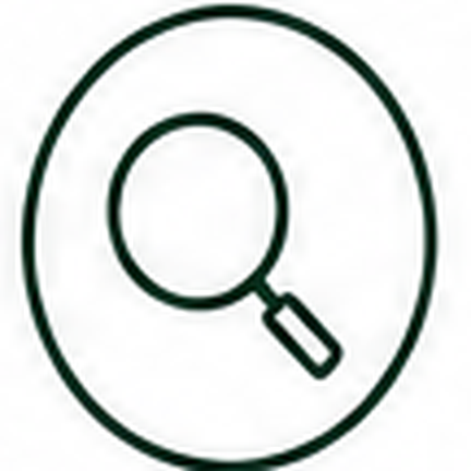 Magnifying glass icon inside a circle.