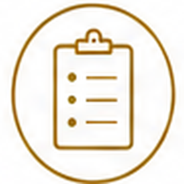 Outline of a clipboard with a checklist inside a gold oval outline.