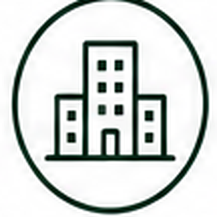 Icon of a cityscape with three buildings inside an oval outline.