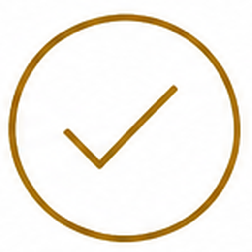 A white clock face with a gold border and gold check mark in the center.