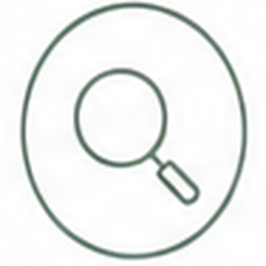 Magnifying glass icon inside a circle.