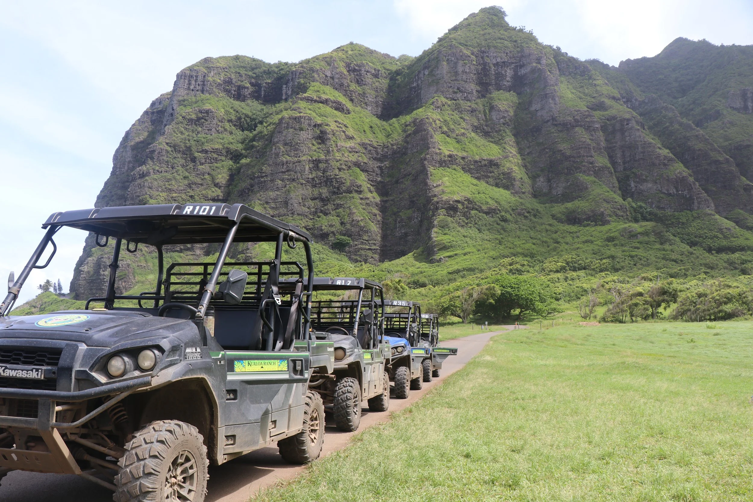 A line of off-road utility vehicles parked on a dirt path in front of green grass and a mountain covered in lush vegetation under a cloudy sky.
