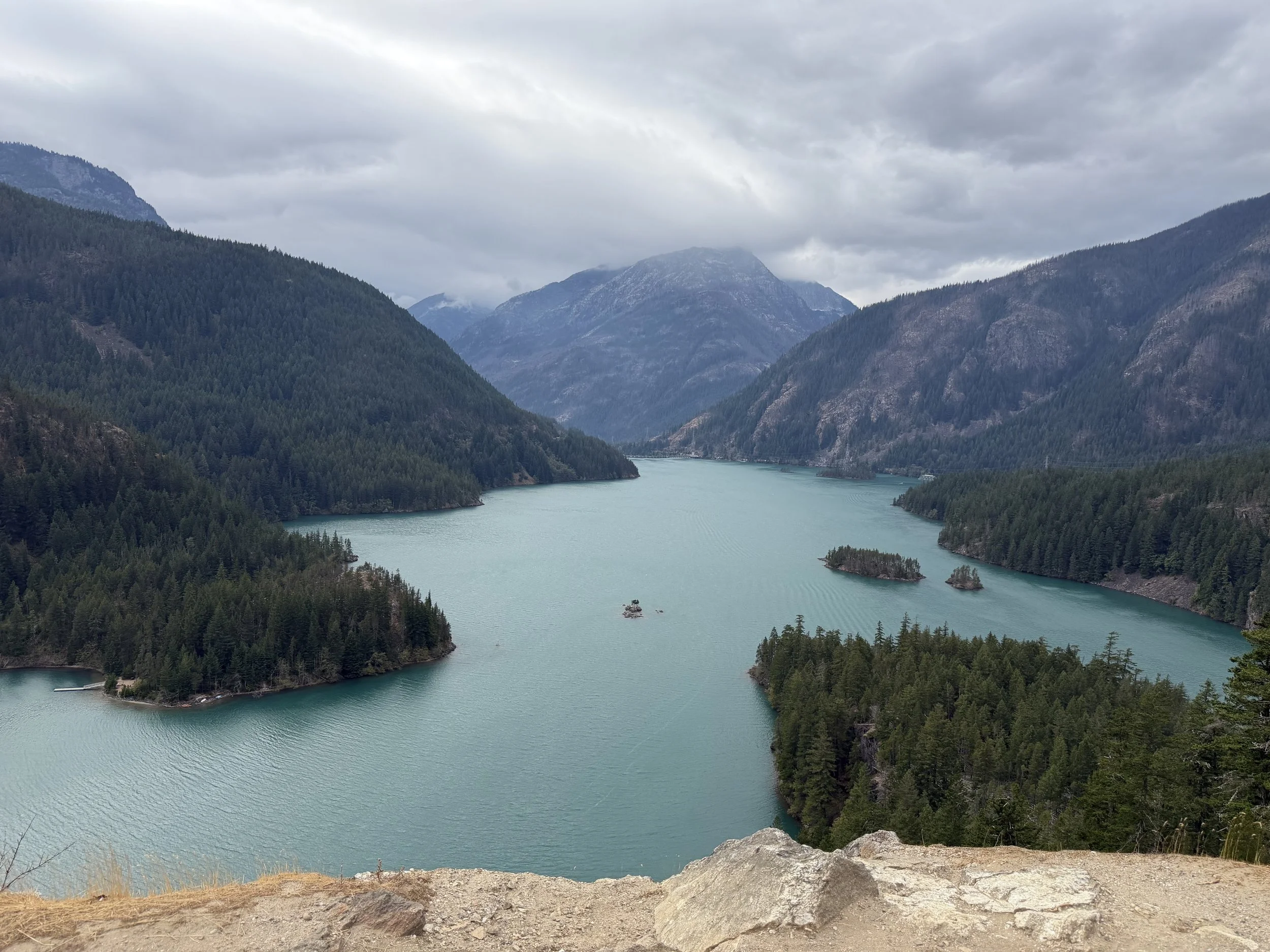 Panoramic view of a large turquoise lake surrounded by green pine-covered mountains and a cloudy sky.