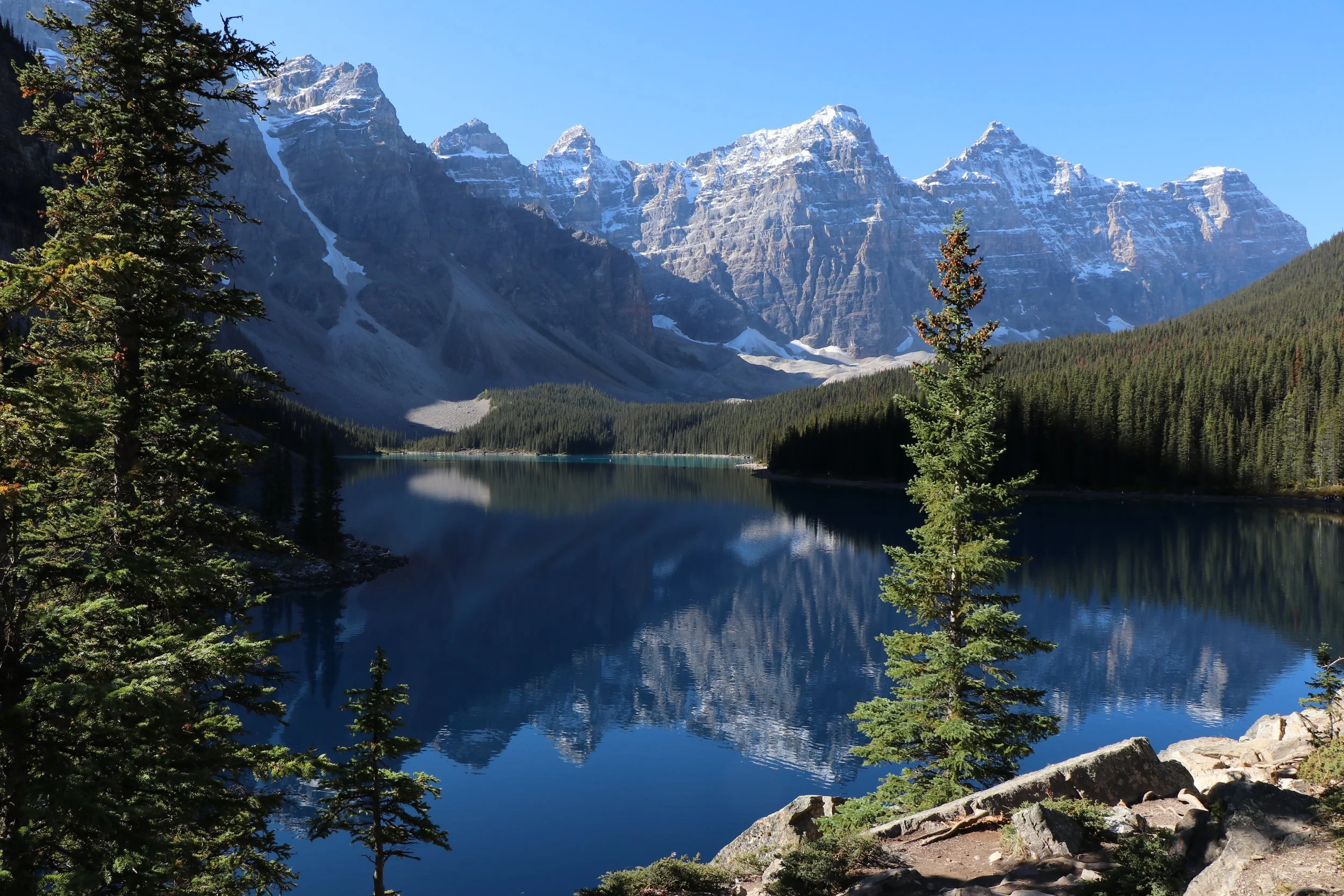 Snow-capped mountains behind a forested area and a calm lake with reflections, under a clear blue sky.