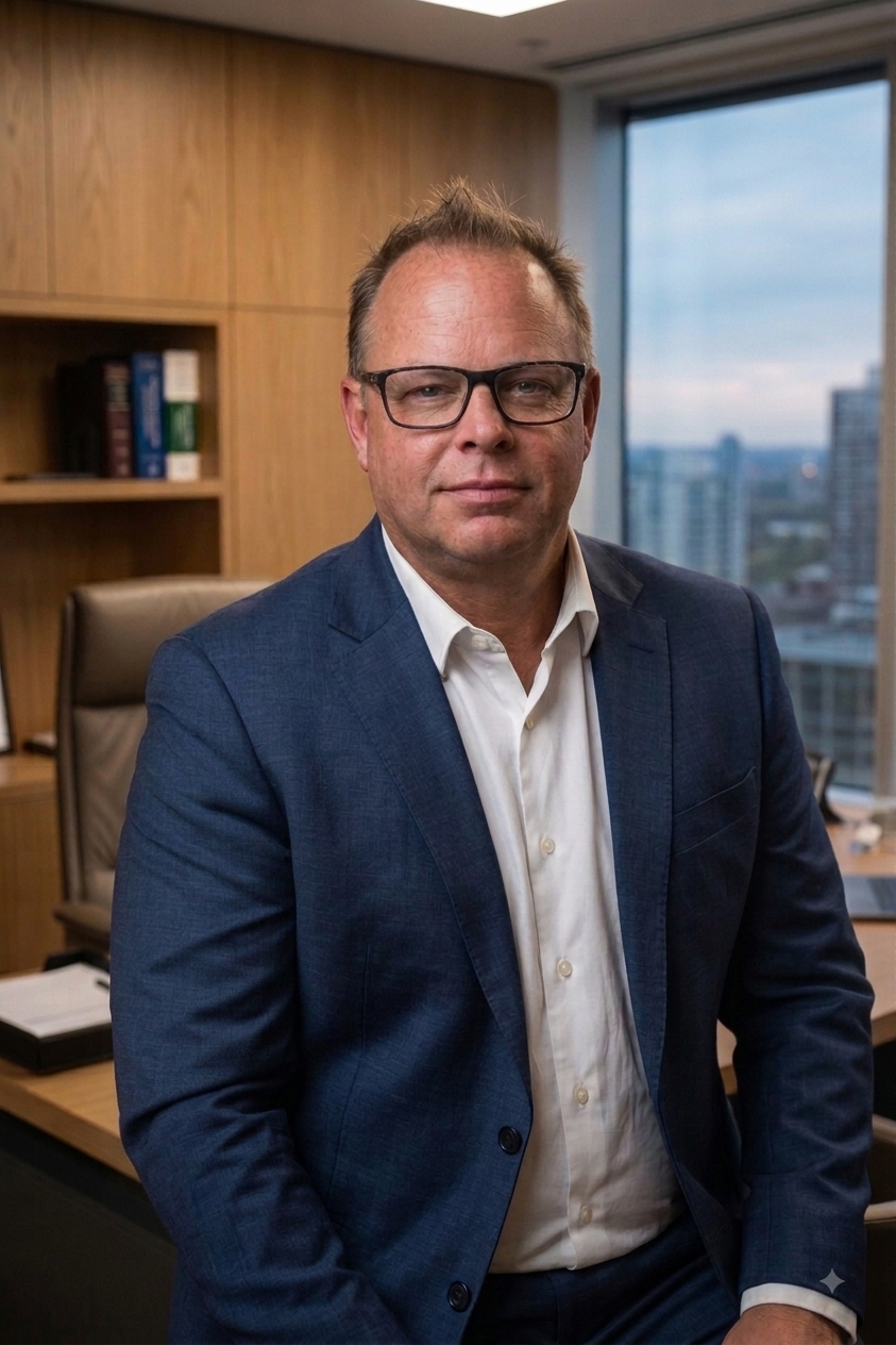 A confident man in a blue suit and glasses standing in an office with a city view through the window.