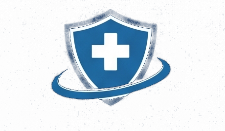 Shield with a white medical cross inside and a swirling line around it on a dark blue background.