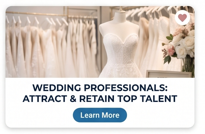 A mannequin dressed in a white wedding gown in a bridal store, with wedding dresses hanging in the background and a bouquet of flowers on the side. The image promotes a wedding professional training program.