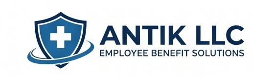 Logo for Antik LLC Employee Benefit Solutions with a shield featuring a white cross.