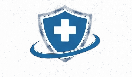 Shield with a plus sign in the center and a swoosh around it, symbolizing protection or health.