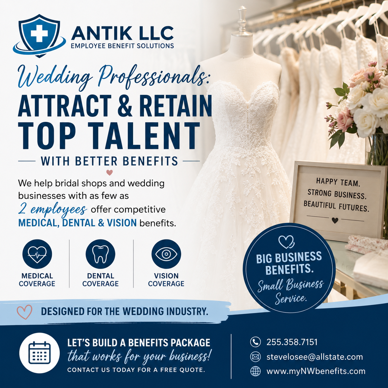 Advertisement for Antik LLC promoting employee benefits solutions for wedding industry businesses, featuring a wedding dress, flowers, and signage with text about benefits and contact information.