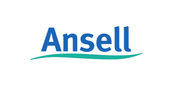 Ansell logo with black background, blue text, and a green wave underneath